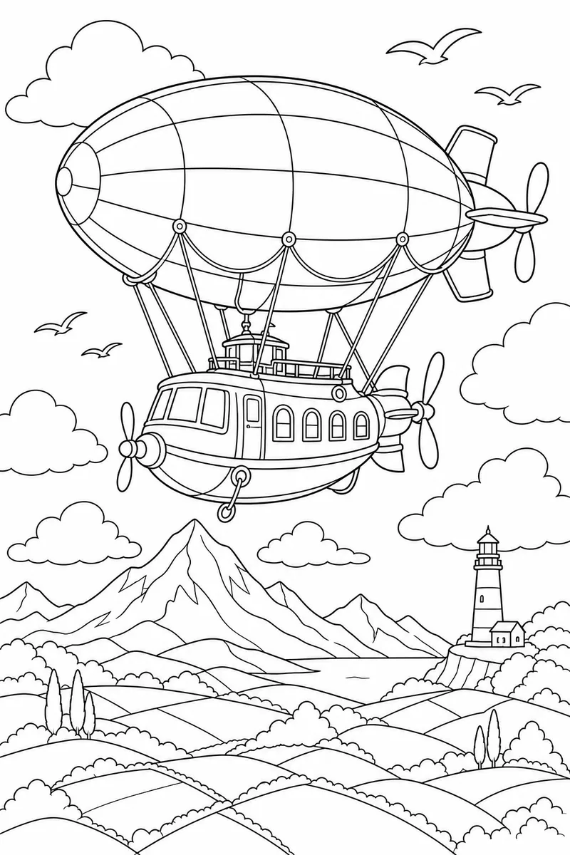Airship Journey coloring page line art — a propeller-driven airship cruising above patchwork fields, a mountain and a lighthouse.