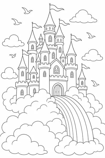 Cloud Castle coloring page — a turreted castle on clouds at the top of a rainbow.