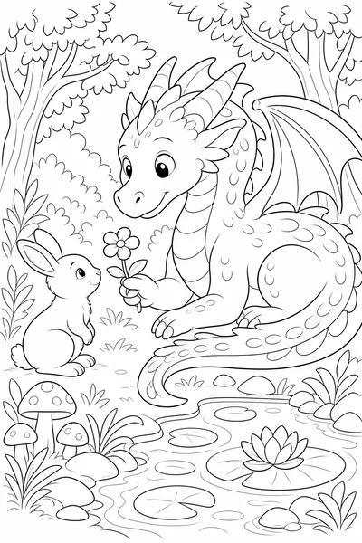 Gentle Dragon coloring page — a friendly dragon resting among clouds and crystals.