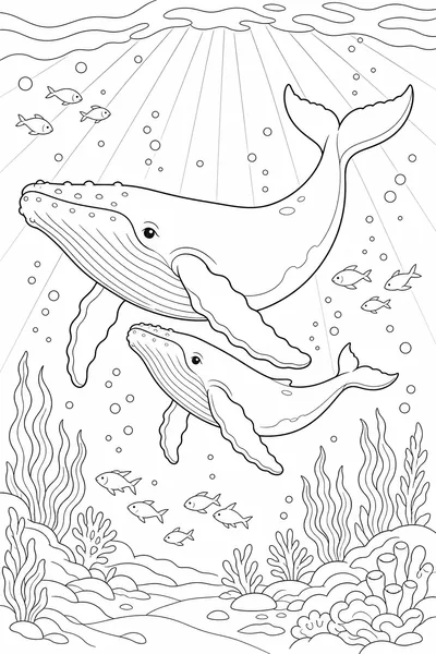 Gentle Whale coloring page — a whale swimming among bubbles and seaweed.