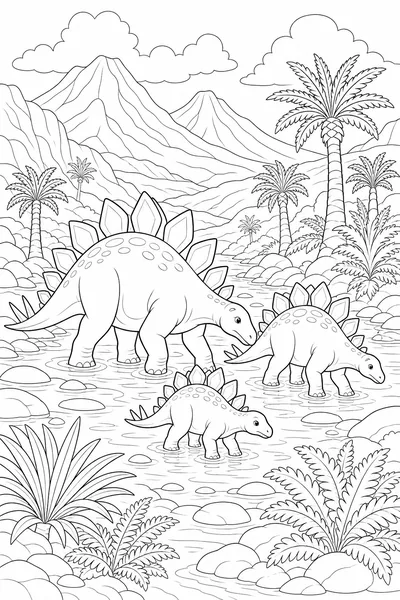 Jurassic Valley coloring page — friendly dinosaurs beneath tall ferns.