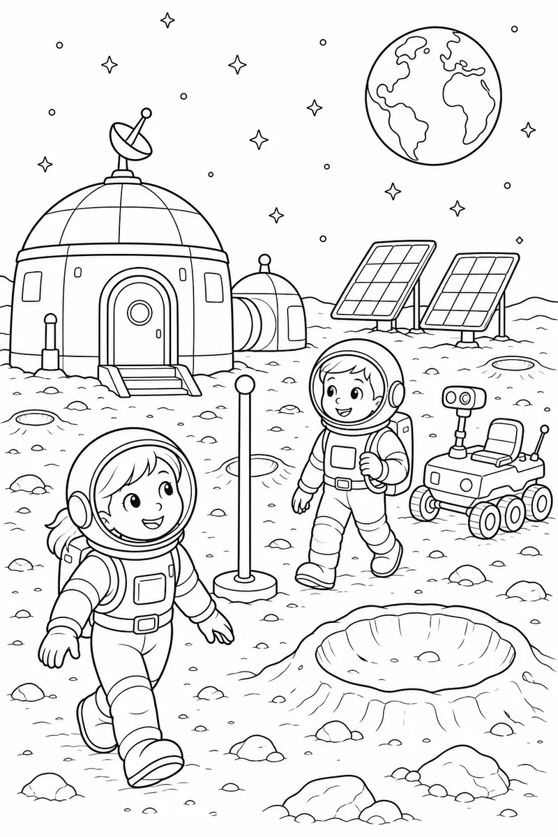 Moon Camp coloring page line art — two young astronauts exploring a lunar base with a dome habitat, solar panels and a rover.