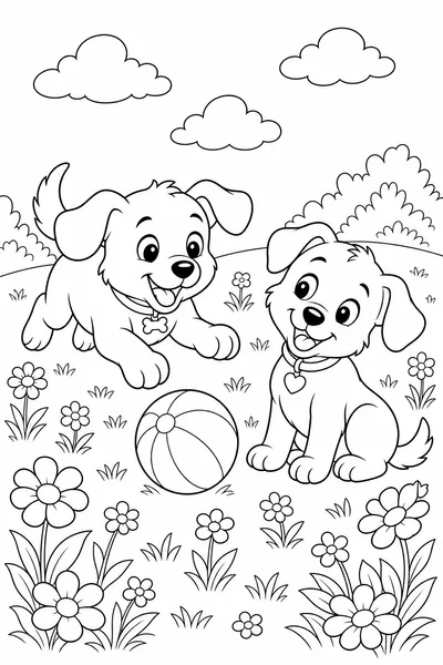 Playful Puppies coloring page — two puppies playing with a ball in a flowery meadow.