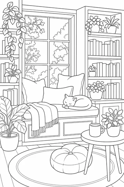Reading Nook coloring page — a window seat with cushions and stacked books.