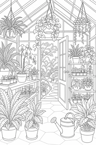 Secret Greenhouse coloring page — a greenhouse of potted plants and climbing vines.