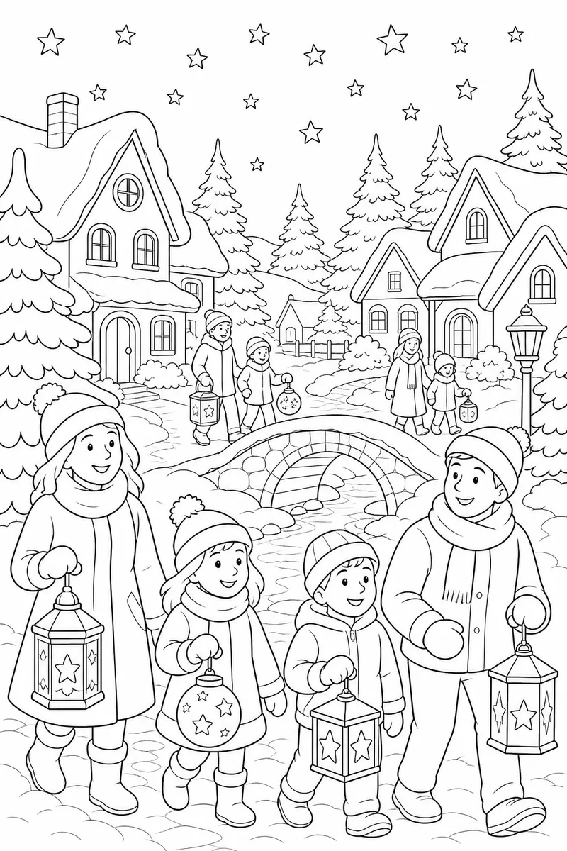 Winter Lanterns coloring page line art — a family carrying star lanterns through a snowy village on a starry night.